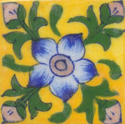 Turquoise and Pink Flowers and Green leaf with Yellow Base Tile Turquoise and Pink Flowers and Green leaf with Yellow Base Tile
