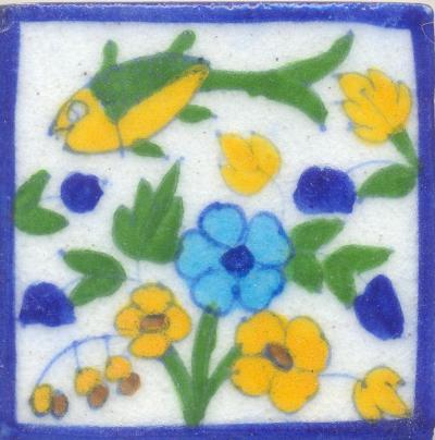 Yellow and Green Fish and Turquoise and Yellow Flowers and Green leaf with White