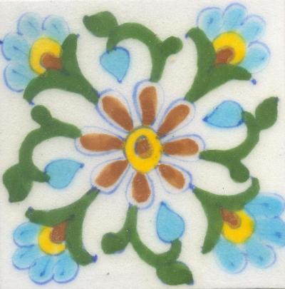 Brown,Yellow and Turquoise Flowers and Green leaf with White Base Tile Brown,Yellow and Turquoise Flowers and Green leaf with White Base Tile