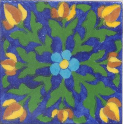 Brown,Yellow and Turquoise Flowers and Green leaf with Blue Base Tile