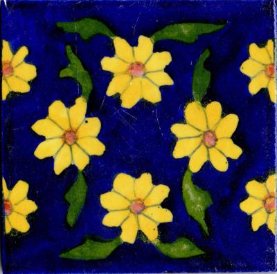 Yellow Flowers and Green Leaves Design On Blue Base Tile 