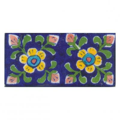 Yellow,Blue and Brown Flowers and Green leaf with Blue Base Tile Yellow,Blue and Brown Flowers and Green leaf with Blue Base Tile