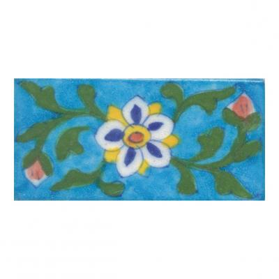 Yellow,Blue,Brown and White Flower and Green leaf  with Turquoise Base TileYello
