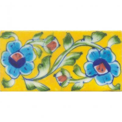 Turquoise,Blue and Red Flowers and Lime Green leaf with Yellow Base Tile Turquoise,Blue and Red Flowers and Lime Green leaf with Yellow Base Tile