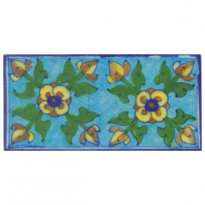 Blue,Yellow and Brown Flowers and Green leaf with Turquoise Base Tile Blue,Yellow and Brown Flowers and Green leaf with Turquoise Base Tile