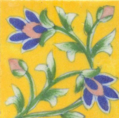 Blue and Brown Flowers and Lime Green leafs with Yellow Base Tile Blue and Brown Flowers and Lime Green leafs with Yellow Base Tile
