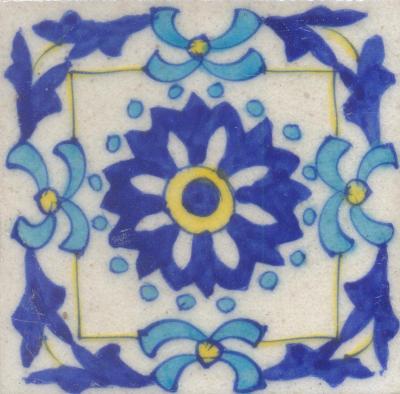 Blue, Turquoise and Yellow Flower with White Base Tile