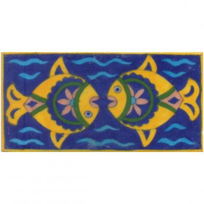 Two Fish yellow,Brown,Blue and Green with Blue Base Tile Two Fish yellow,Brown,Blue and Green with Blue Base Tile