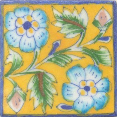Turquoise,yellow and Blue Flowers and Lime Green leaf with Yellow Base Tile Turquoise,yellow and Blue Flowers and Lime Green leaf with Yellow Base Tile