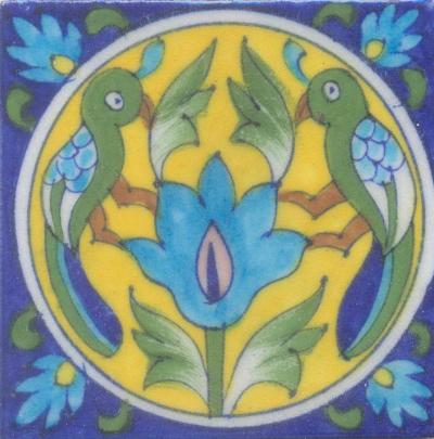 Two Turquoise and Green Birds and Turquoise Flowers and Lime Green leaf with Blu
