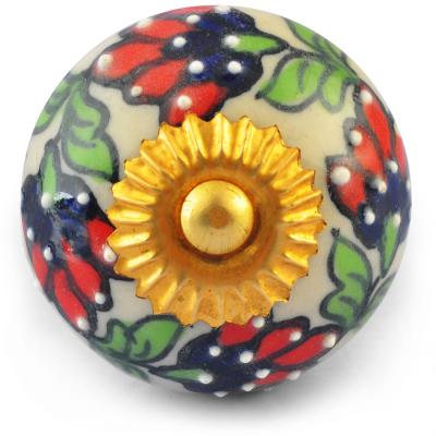 Red Blue Flowers and Green Leaves on White Ceramic knob Red Blue Flowers and Green Leaves on White Ceramic knob