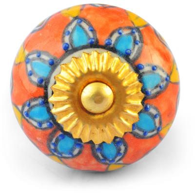 Turquoise Flower and Yellow Leaves on Orange and White Ceramic knob Turquoise Flower and Yellow Leaves on Orange and White Ceramic knob