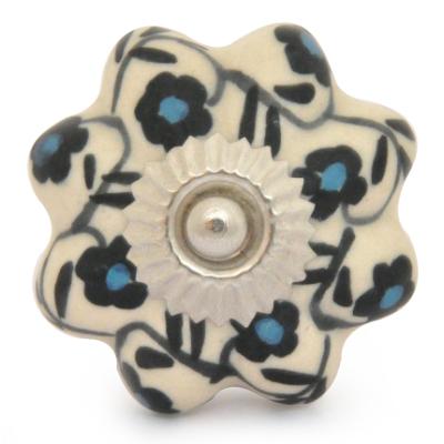 KPS-9045-Black and Turquoise Flowers with White Ceramic knob KPS-9045-Black and Turquoise Flowers with White Ceramic knob