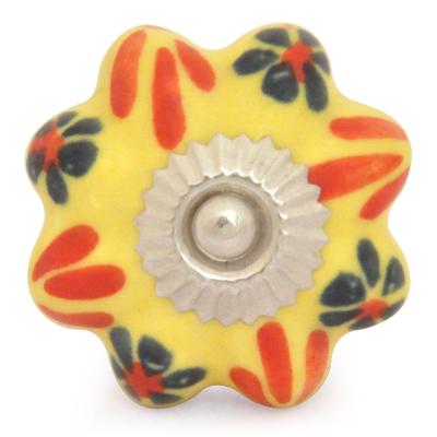 KPS-9049-Black and Red Flowers with Yellow Base Ceramic knob