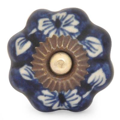 KPS-9051-White Flowers with Blue and White Base Ceramic knob