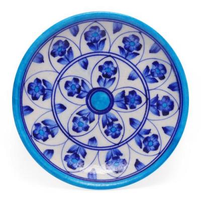Blue leaves and Flowers on White Base Plate 5"