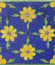 Yellow and Pink Flowers and Green leaf with Blue Base Tile