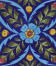 Lime Green Leafs and Turquoise,Brown,Blue,Yellow Flowers with Blue Base Tile