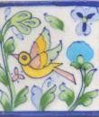 Yellow,Brown and Green Bird and Lime Green leaf with White Base Tile