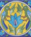 Two Turquoise and Green Birds and Turquoise Flowers and Lime Green leaf with Blu