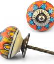 Turquoise Flower and Yellow Leaves on Orange and White Ceramic knob