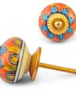 Turquoise Flower and Yellow Leaves on Orange and White Ceramic knob