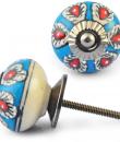 Red and White Flowers on Turquoise and White Ceramic knob