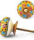 Red and Turquoise Flowers on Yellow and White Ceramic knob