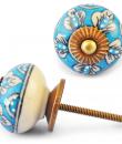 White Flowers on Turquoise and White  Ceramic knob