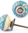 White Flowers on Turquoise and White  Ceramic knob