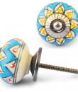 Yellow Flower on Turquoise and White Ceramic knob