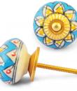 Yellow Flower on Turquoise and White Ceramic knob