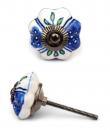 KPS-4549 - White Ceramic Cabinet Knob with Blue Design and Lime Green Leaves