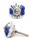 KPS-4549 - White Ceramic Cabinet Knob with Blue Design and Lime Green Leaves