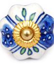 KPS-4549 - White Ceramic Cabinet Knob with Blue Design and Lime Green Leaves