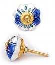 KPS-4549 - White Ceramic Cabinet Knob with Blue Design and Lime Green Leaves