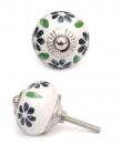 KPS-4585 - Green Flowers and Leaves on a Round White Ceramic Cabinet Knob