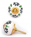 KPS-4585 - Green Flowers and Leaves on a Round White Ceramic Cabinet Knob