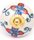 KPS-4629 - Red and Blue Flowers and Vines on a White Ceramic Cabinet Knob