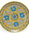 White Leaves and Turquoise Flowers on Yellow Base Plate 8''